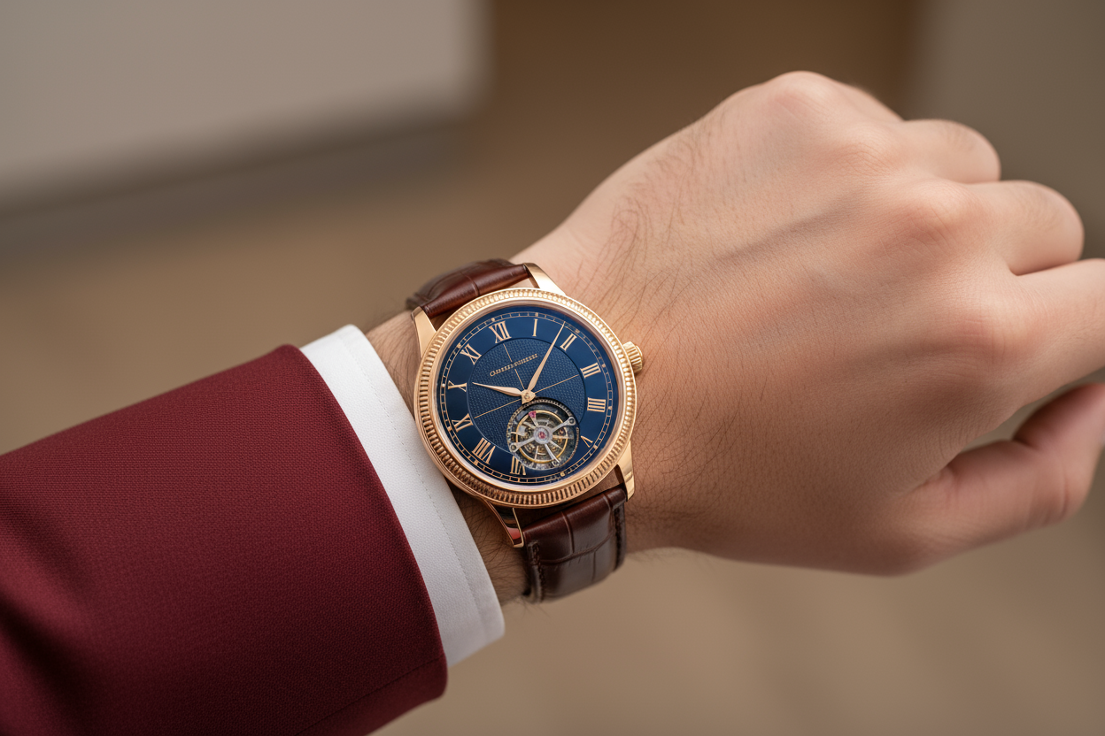 make an elegant picture for me for my store a man in red suit wearing an elegant watch show the watch clearly because its for to promotes my watch collection watch must be looking elegant in his wrist